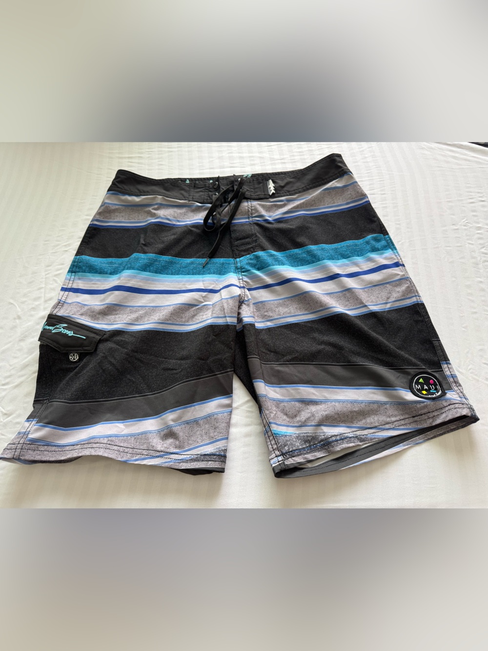 Maui and Sons Black, Gray & Blue Striped Men’s Board Shorts